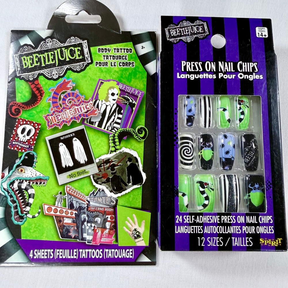 Beetlejuice Temporary Tatts and Press On Nails Set Halloweencore Spirit Lot